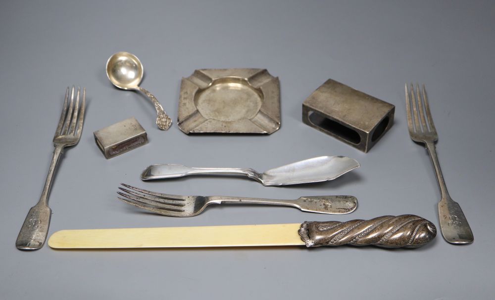 A silver-mounted ivory page turner and a miscellaneous silver items, approx 13oz (weighable)